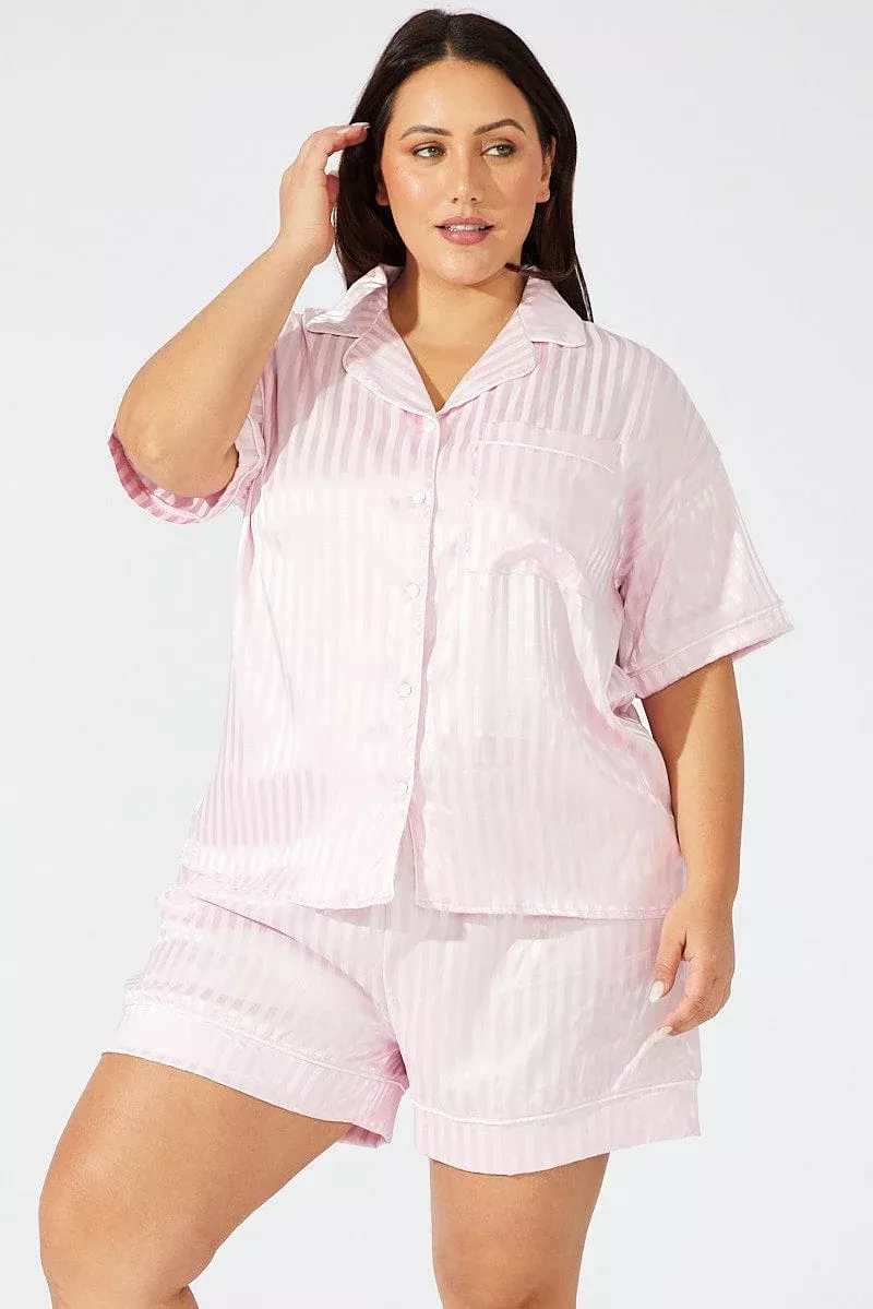 Pink Stripe Satin Pyjamas Set Short Sleeve