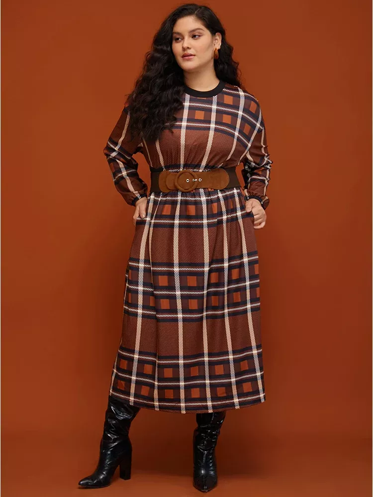 Plaid Patchwork Round Neck Lantern Sleeve Pocket Midi Dress