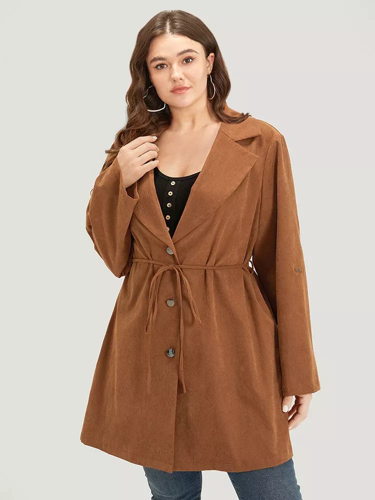 Plain Corduroy Belted Tie-Front Tab Sleeve Jacket