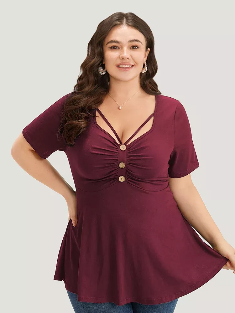 Plain Crisscross Ruched Button Detail Flutter Hem T-shirt