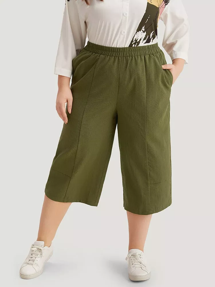 Plain Cropped Pocket Elastic Waist Woven Pants