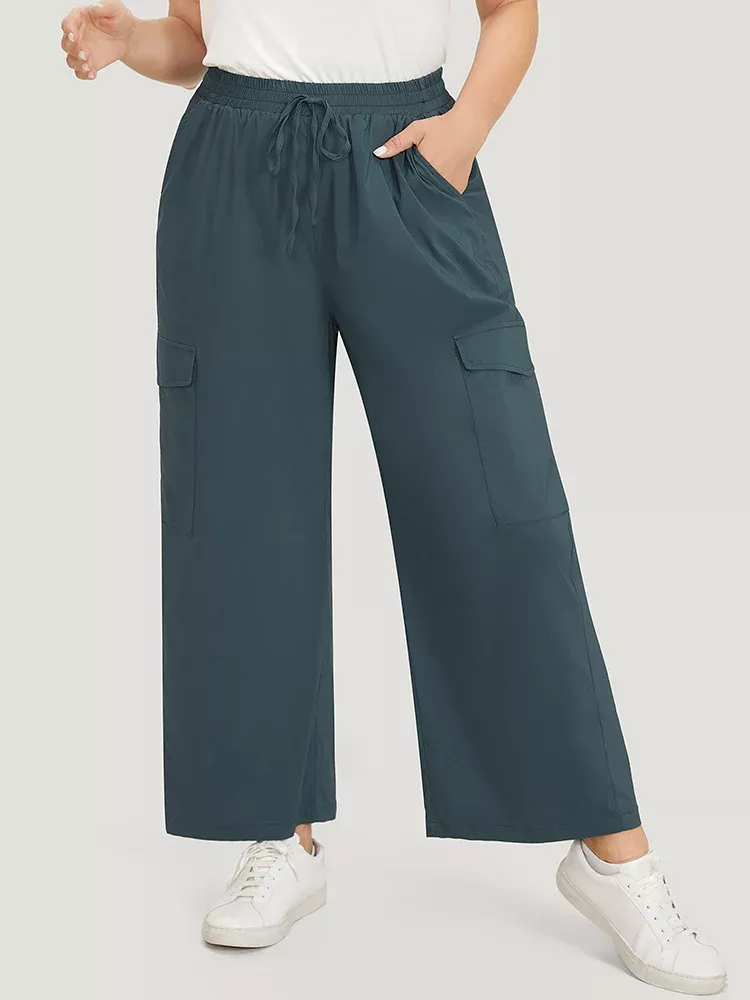 Plain Drawstring Patched Pocket High Rise Pants