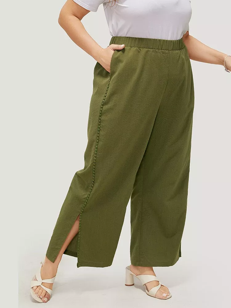 Plain Pocket Elastic Waist Pompom Detail Split Pants