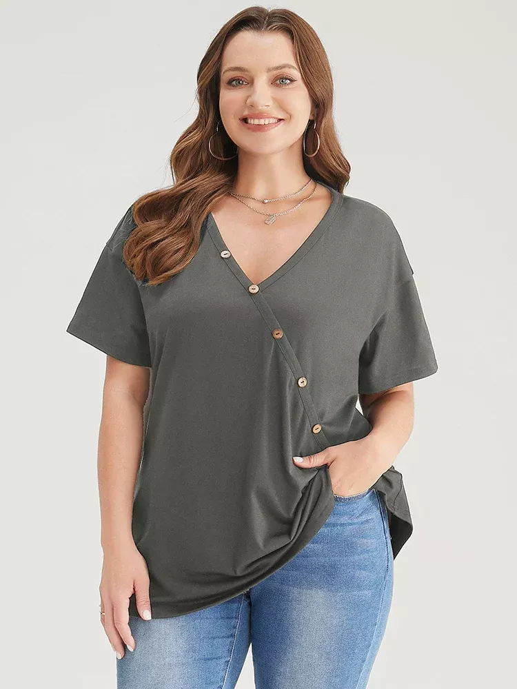 Plain Surplice Neck Button Detail T-shirt
