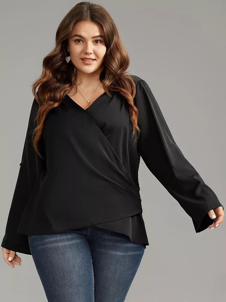 Plain Tab Sleeve Wrap Pleated Blouse