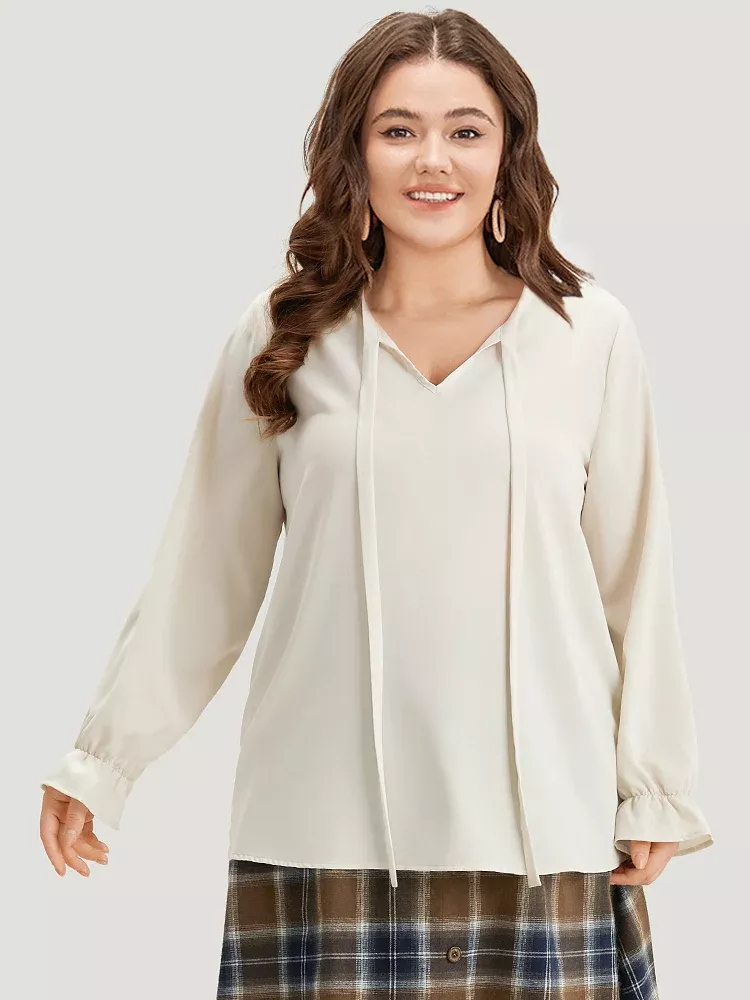 Plain Ties Ruffle Trim Woven Top