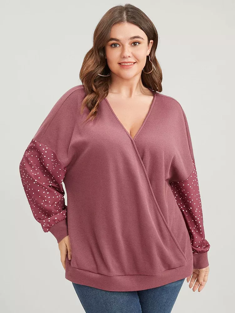 Polka Dot Patchwork Wrap Waffle Knit Sweatshirt