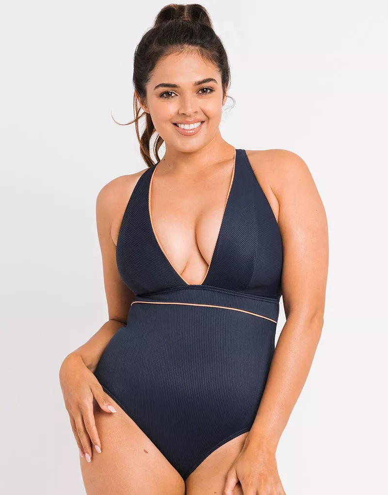 Poolside Non Wired Plunge Swimsuit Navy/CoralBlue