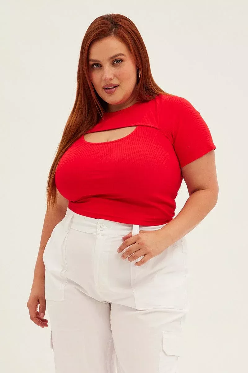 Red Rib Top Keyhole Short Sleeve Jersey