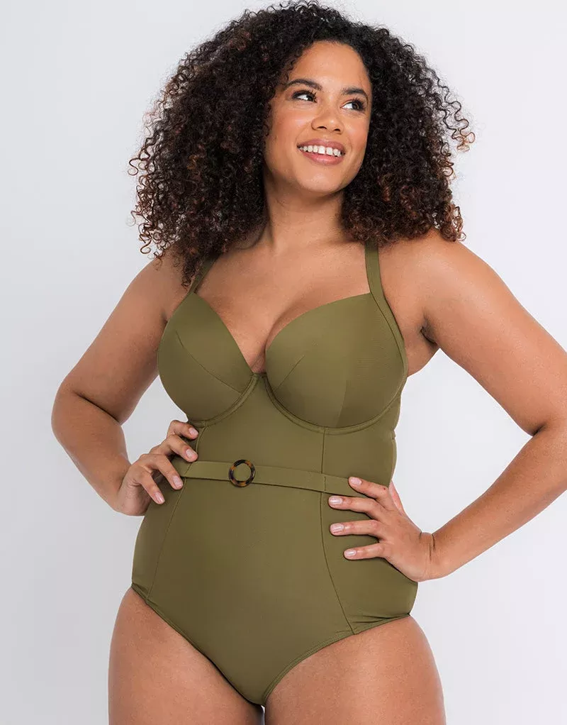Retro Sun Padded Plunge Swimsuit OliveGreen