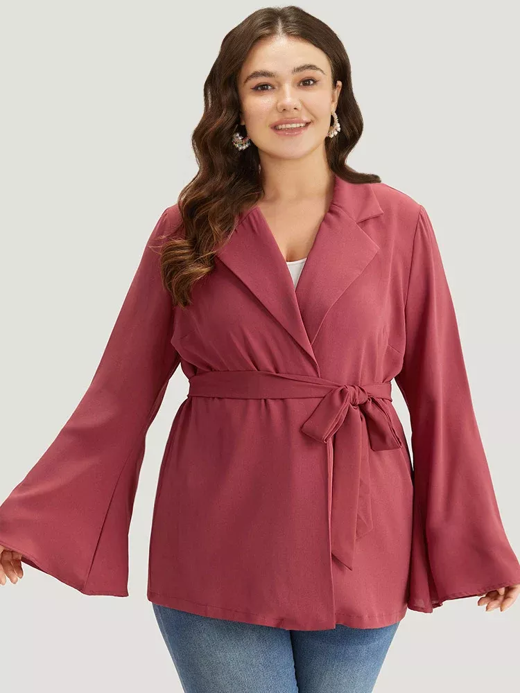 Solid Bell Sleeve Belted Lapel Collar Jacket