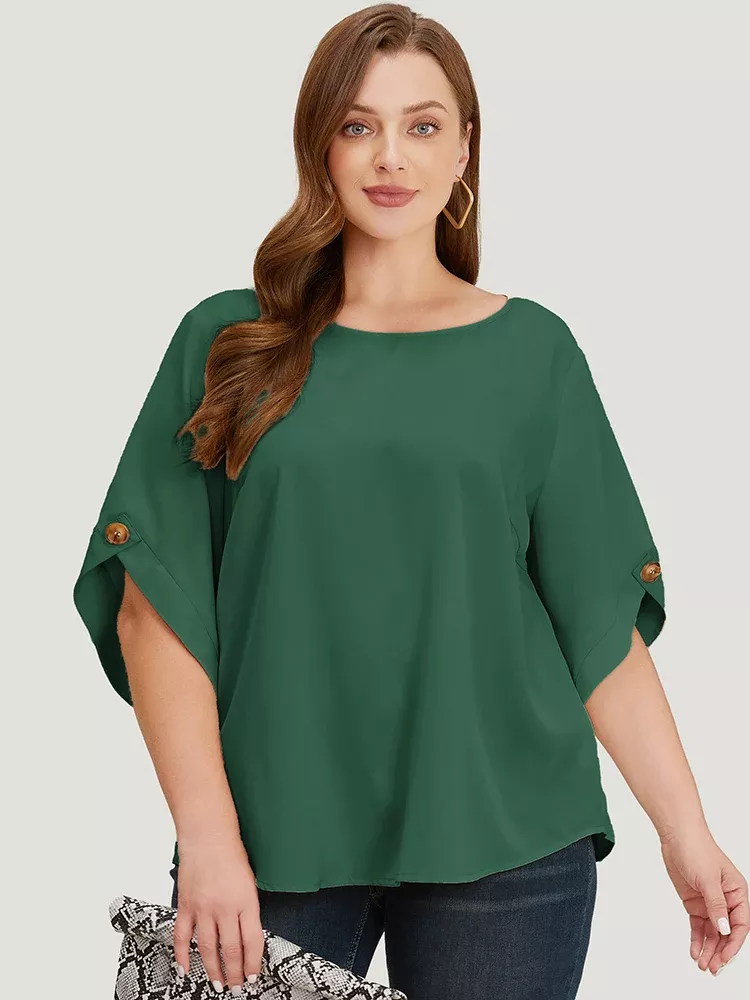 Solid Button Detail Flounce Sleeve Blouse