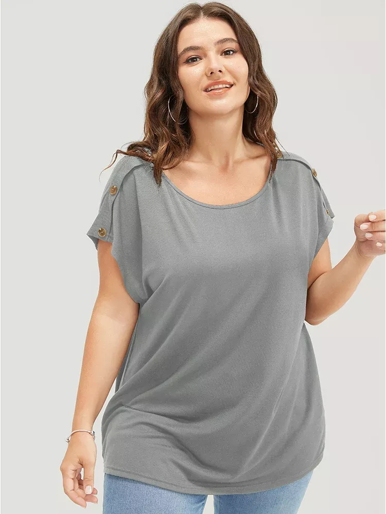 Solid Button Detail Round Neck Batwing Sleeve T-shirt