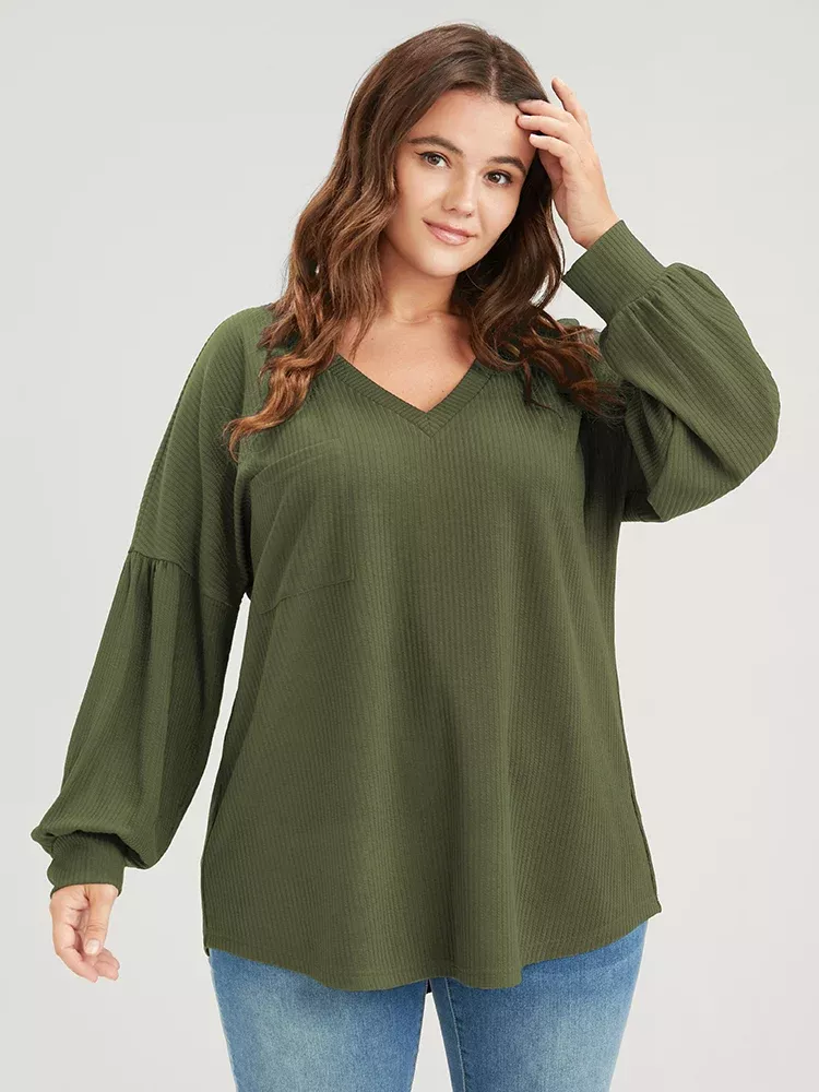 Solid Drop Shoulder Pocket Arc Hem Rib Knit Sweatshirt