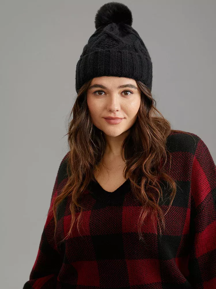 Solid Fluffy Ball Warm Knitted Hat