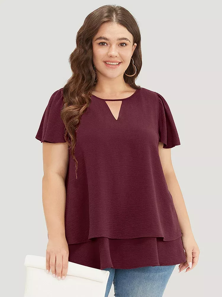 Solid Flutter Sleeve Keyhole Layered Hem Blouse