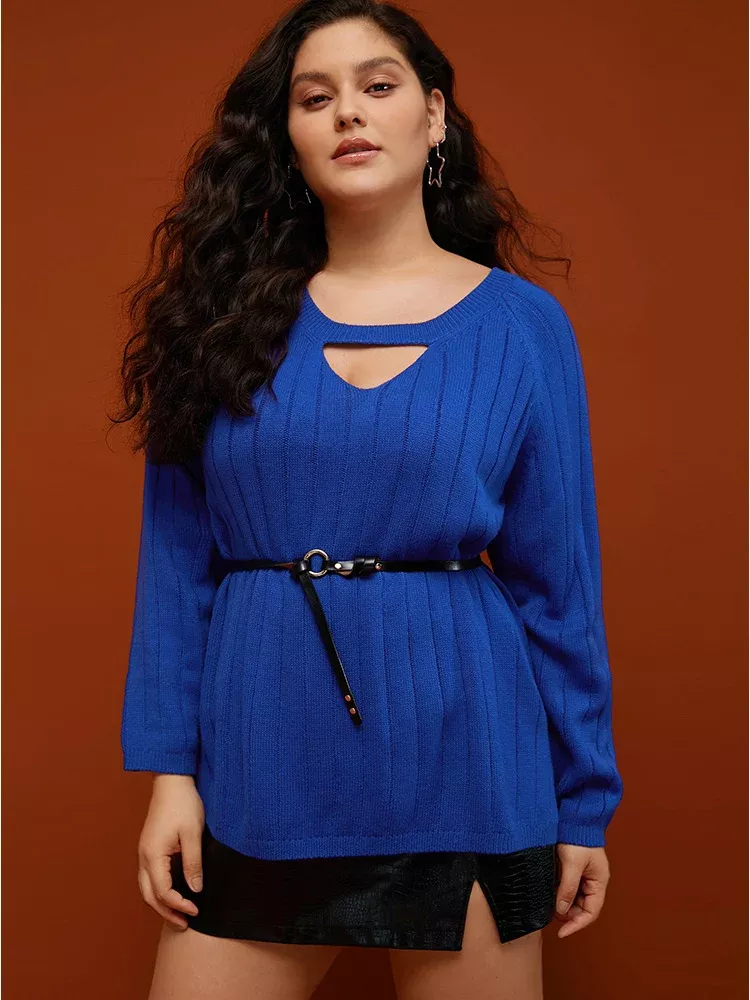 Solid Pointelle Knit Cut Out Split Hem Rib Knit Top