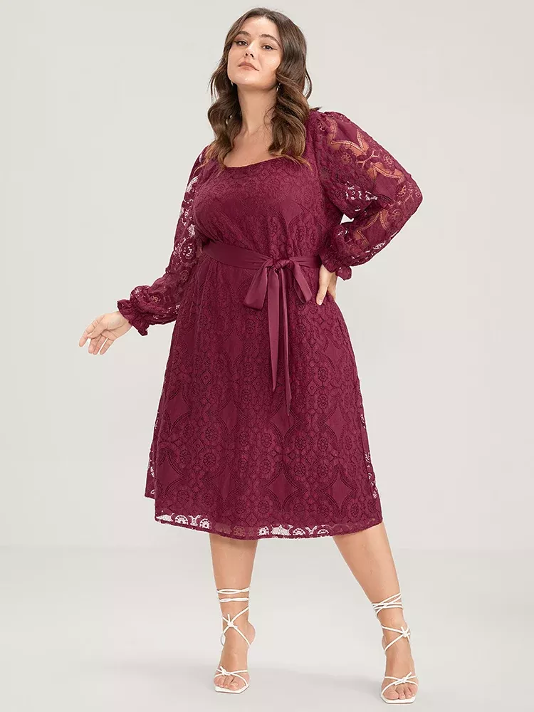 Solid Square Neck Lantern Sleeve Belted Lace Dress