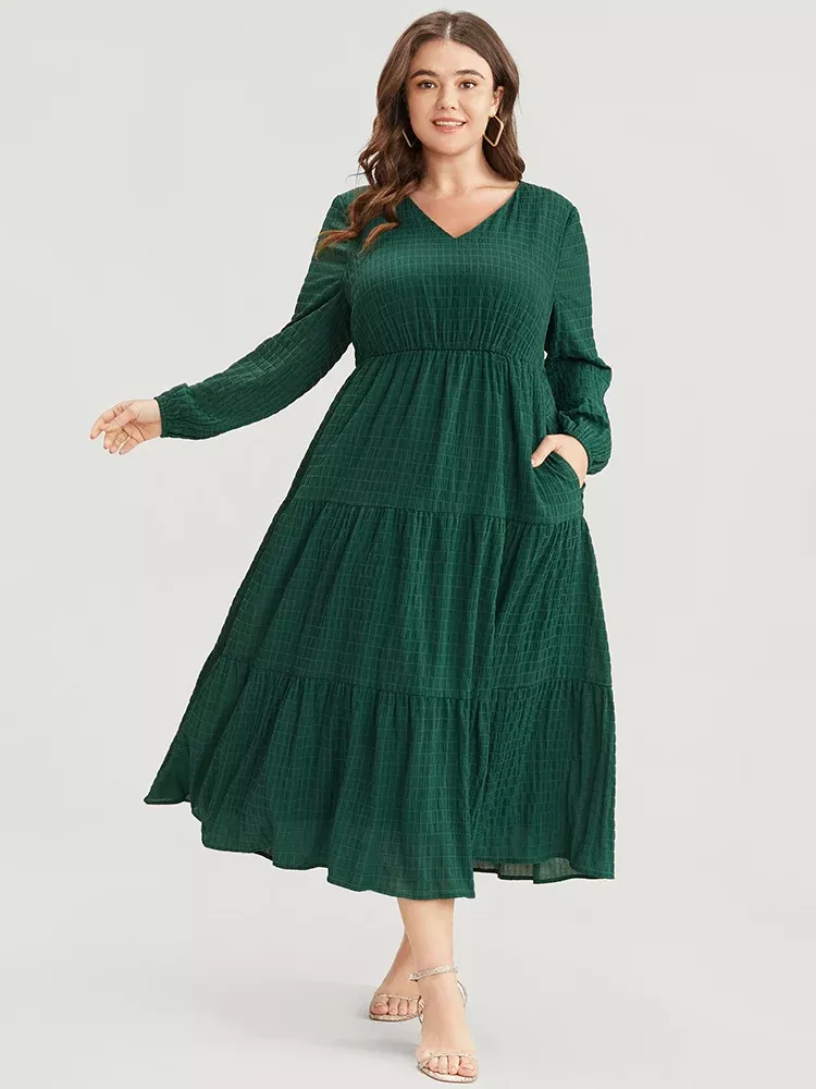 Solid V Neck Lantern Sleeve Pocket Gingham Flutter Dress