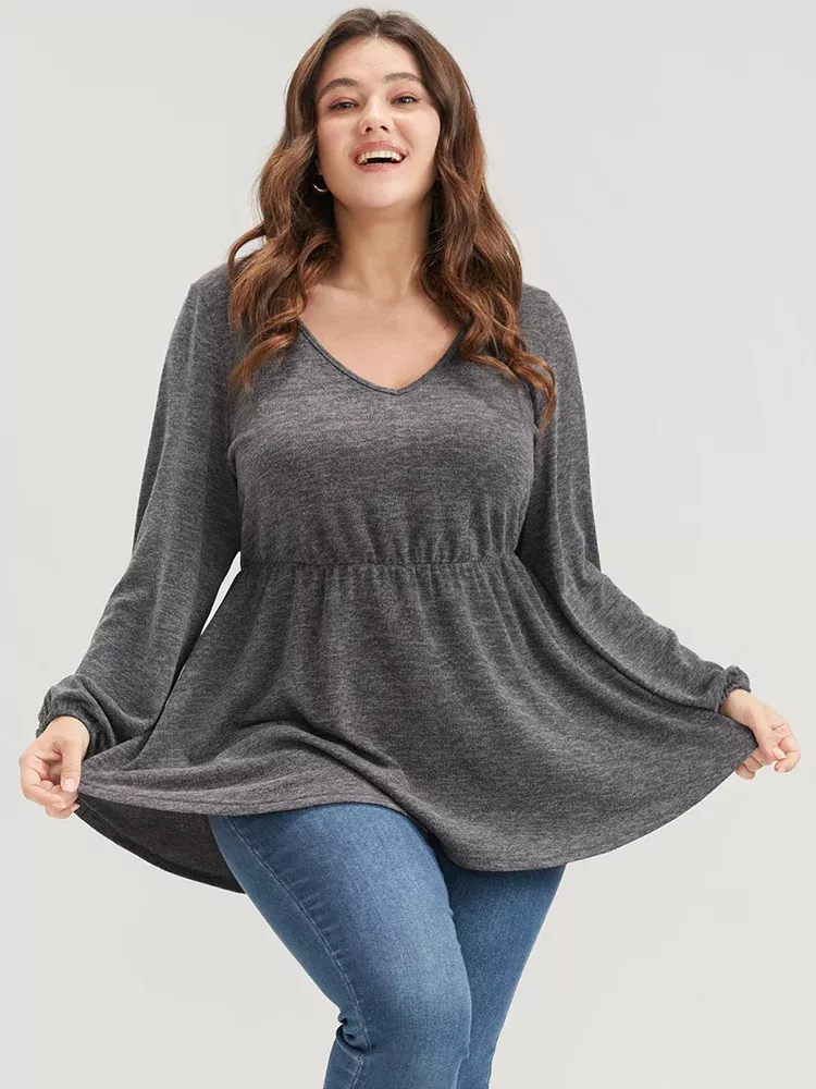 Solid V Neck Ruffle Lantern Sleeve Long Tee