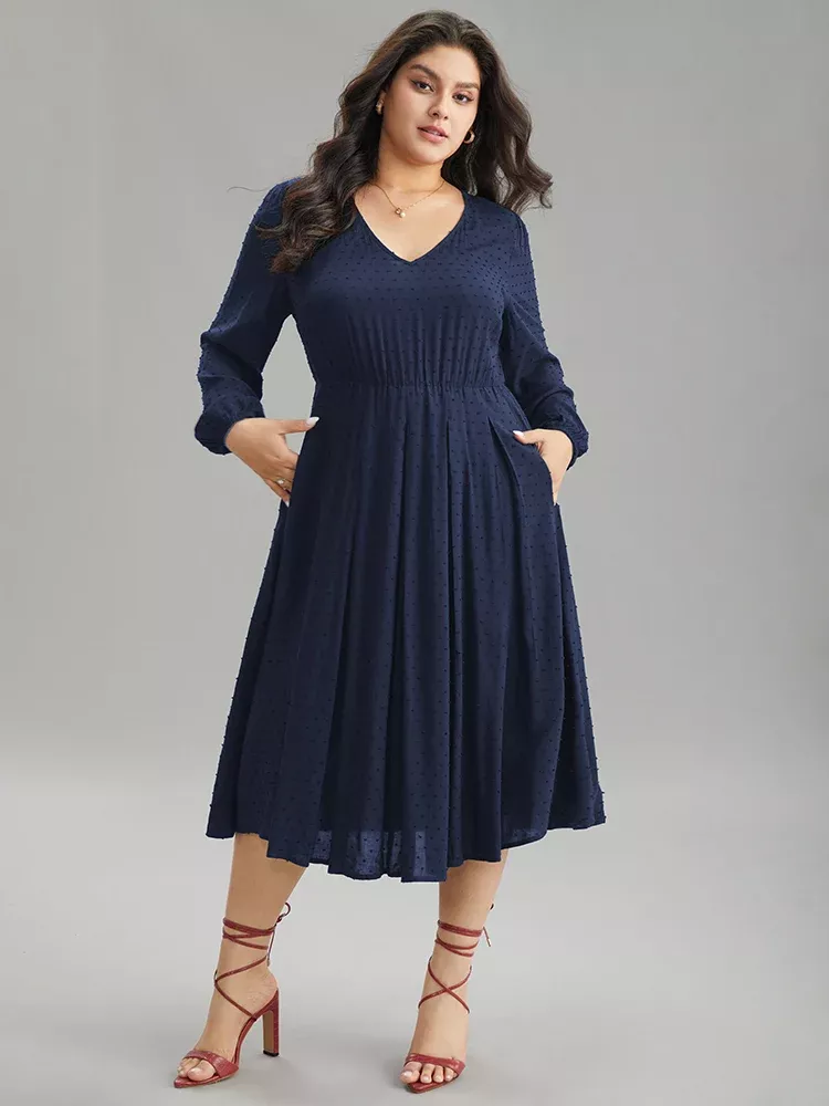 Static-Free Solid Lantern Sleeve Pleated Dress