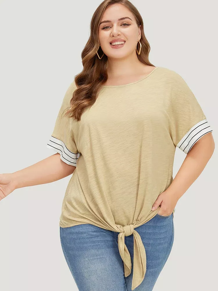 Striped Patchwork Knotted Hem Heather T-shirt