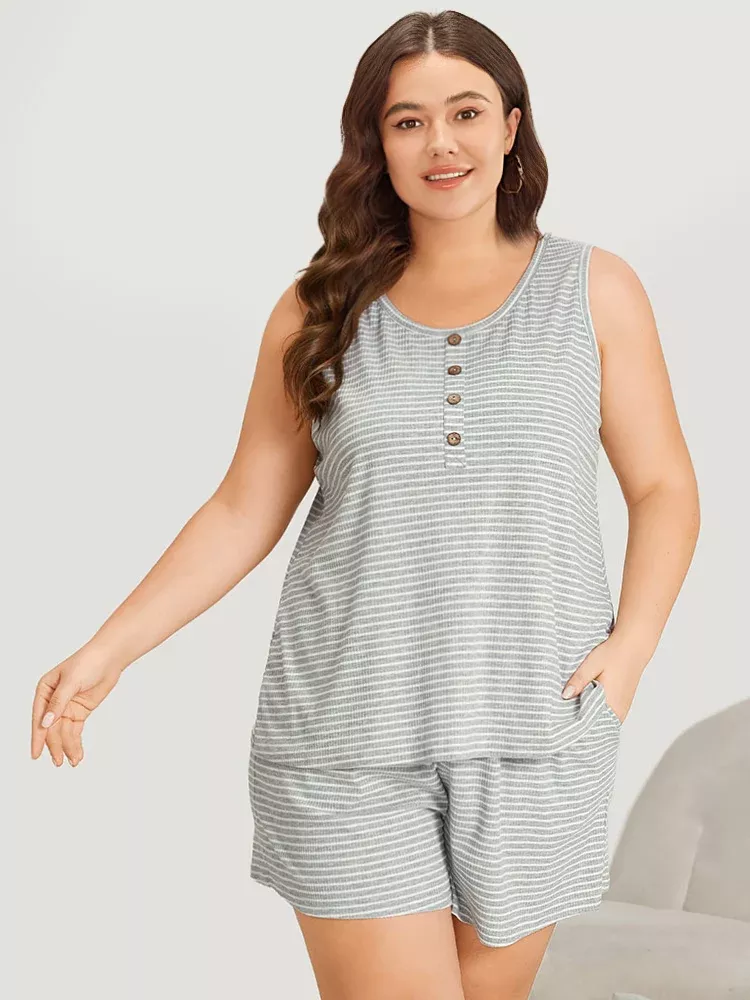 Striped Print Button Detail Pajama Top