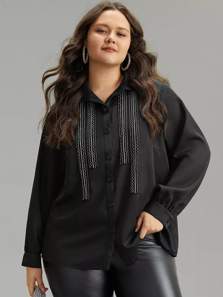 Twill Rhinestone Contrast Webbing Button Through Blouse