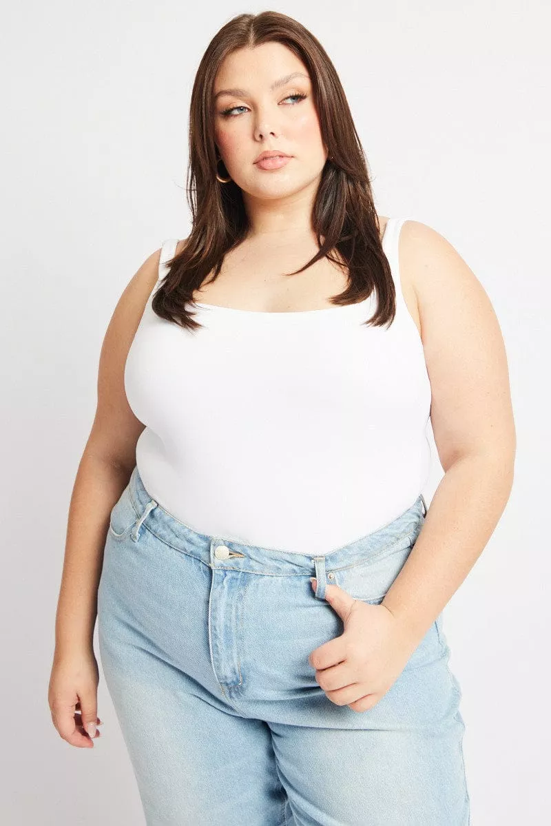 White Bodysuit Sleeveless Square Neck Supersoft