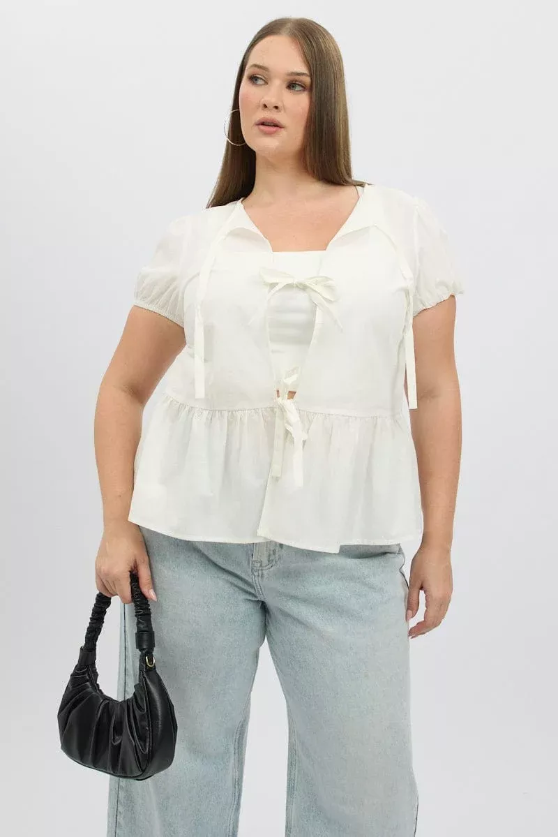 White Bow Tie Puff Sleeve Jacket