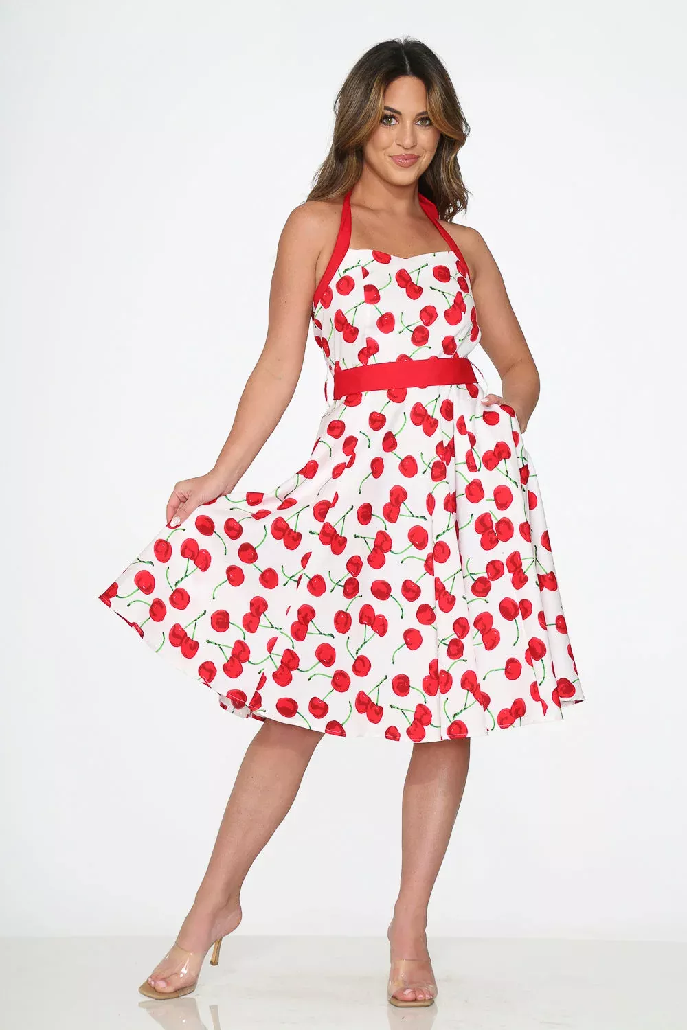 White Red Cherry Halter Swing Dress