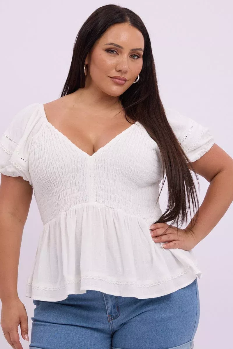 White Shirred Smock Top Short Sleeve