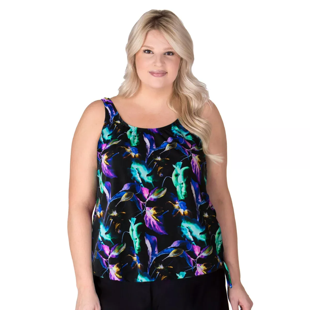 Women’s Plus Size Long Swim Top- Midnight Petals